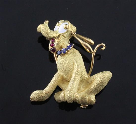 A 20th century French 18ct gold, white enamel, ruby and sapphire set novelty brooch